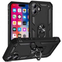 iPhone 16 6.1 inch Ring Magnetic Kickstand Hybrid Case Cover - Black