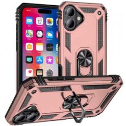 iPhone 16 6.1 inch Ring Magnetic Kickstand Hybrid Case Cover - Rose Gold