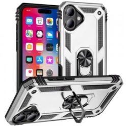 iPhone 16 6.1 inch Ring Magnetic Kickstand Hybrid Case Cover - Silver