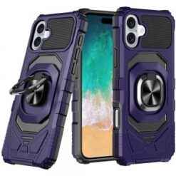 iPhone 16 Plus 6.7 inch Robotic Hybrid with Magnetic Ring Stand Case Cover - Dark Purple