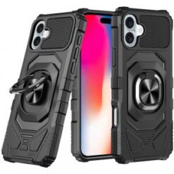 iPhone 16 6.1 inch Robotic Hybrid with Magnetic Ring Stand Case Cover - Black