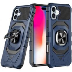 iPhone 16 6.1 inch Robotic Hybrid with Magnetic Ring Stand Case Cover - Dark Blue