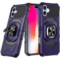 iPhone 16 6.1 inch Robotic Hybrid with Magnetic Ring Stand Case Cover - Dark Purple