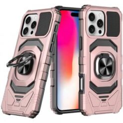 iPhone 16 6.1 inch Robotic Hybrid with Magnetic Ring Stand Case Cover - Rose Gold