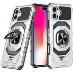 iPhone 16 6.1 inch Robotic Hybrid with Magnetic Ring Stand Case Cover - Silver