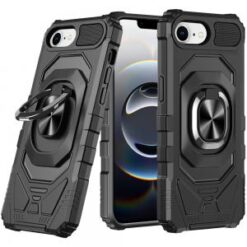 iPhone 16E (E edition) / SE4 (2025) Robotic Hybrid with Magnetic Ring Stand Case Cover - Black
