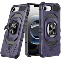 iPhone 16E (E edition) / SE4 (2025) Robotic Hybrid with Magnetic Ring Stand Case Cover - Dark Pu