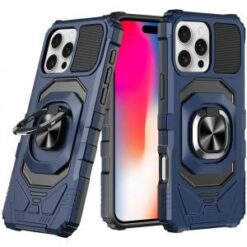 iPhone 16 Pro 6.3 inch Robotic Hybrid with Magnetic Ring Stand Case Cover - Dark Blue