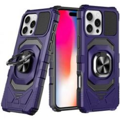 iPhone 16 Pro 6.3 inch Robotic Hybrid with Magnetic Ring Stand Case Cover - Dark Purple