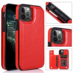 iPhone 15 Pro Luxury Side Magnetic Button Card ID Holder PU Leather Case Cover - Red