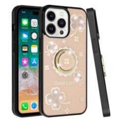iPhone 15 Pro SPLENDID Diamond Glitter Ornaments Engraving Case Cover - Good Luck Floral Gold