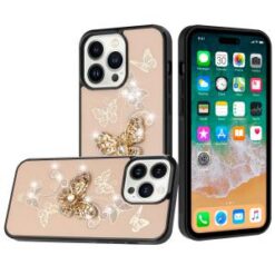 iPhone 15 Pro SPLENDID Diamond Glitter Ornaments Engraving Case Cover - Garden Butterflies Gold