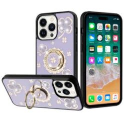 iPhone 15 Pro SPLENDID Diamond Glitter Ornaments Engraving Case Cover - Good Luck Floral Purple