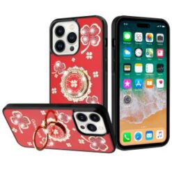 iPhone 15 Pro SPLENDID Diamond Glitter Ornaments Engraving Case Cover - Good Luck Floral Red