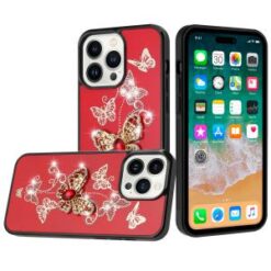 iPhone 15 Pro SPLENDID Diamond Glitter Ornaments Engraving Case Cover - Garden Butterflies Red