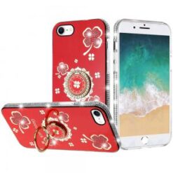 iPhone 16E / SE4 Splendid Glitter with Diamonds All Around Edges Ring Stand Case Cover - Red