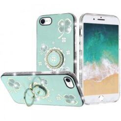 iPhone 16E / SE4 Splendid Glitter with Diamonds All Around Edges Ring Stand Case Cover - Teal