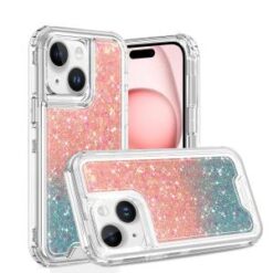 iPhone 15 Pro Epoxy Sticker Glitter 3in1 Shockproof Transparent Hybrid Case - Pink + Light Blue