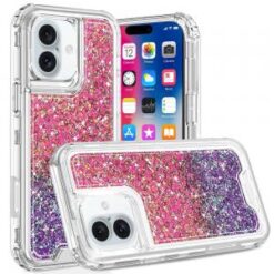 iPhone 16 6.1 inch Epoxy Sticker Glitter 3in1 Shockproof Transparent Hybrid Case - Hot Pink + Pu