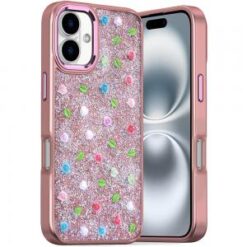 iPhone 16 6.1 inch Stick-On Embedded Glass Diamonds of Colorful Floral Arrangement HQ Hybrid Cas