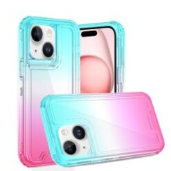 iPhone 15 Pro 3in1 Two Tone Shockproof Transparent Hybrid Case - Light Blue + Pink