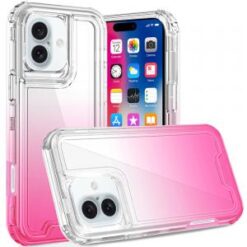 iPhone 16 6.1 inch 3in1 Two Tone Shockproof Transparent Hybrid Case - Clear + Pink