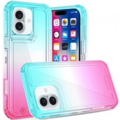 iPhone 16 6.1 inch 3in1 Two Tone Shockproof Transparent Hybrid Case - Light Blue + Pink