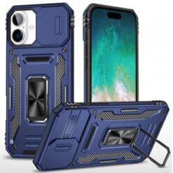 iPhone 16 Plus 6.7 inch Utter Tough Metal Ring Movable Camera Window Hybrid Case Cover - Navy bl