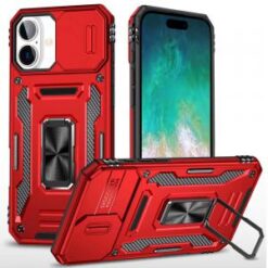 iPhone 16 Plus 6.7 inch Utter Tough Metal Ring Movable Camera Window Hybrid Case Cover - Red