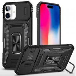 iPhone 16 6.1 inch Utter Tough Metal Ring Movable Camera Window Hybrid Case Cover - Black