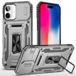 iPhone 16 6.1 inch Utter Tough Metal Ring Movable Camera Window Hybrid Case Cover - Gray
