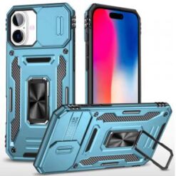iPhone 16 6.1 inch Utter Tough Metal Ring Movable Camera Window Hybrid Case Cover - Light Blue