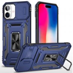 iPhone 16 6.1 inch Utter Tough Metal Ring Movable Camera Window Hybrid Case Cover - Navy blue