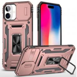 iPhone 16 6.1 inch Utter Tough Metal Ring Movable Camera Window Hybrid Case Cover - Rose Gold