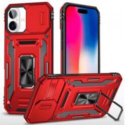 iPhone 16 6.1 inch Utter Tough Metal Ring Movable Camera Window Hybrid Case Cover - Red