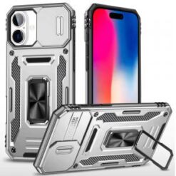 iPhone 16 6.1 inch Utter Tough Metal Ring Movable Camera Window Hybrid Case Cover - Silver