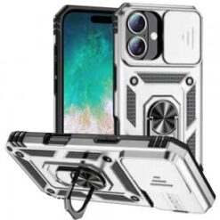 iPhone 16 Plus 6.7 inch Well Protective Magentic Ring Stand Camera Protective Cover Case - Silve
