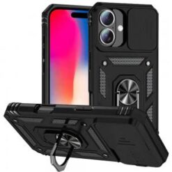 iPhone 16 6.1 inch Well Protective Magentic Ring Stand Camera Protective Cover Case - Black