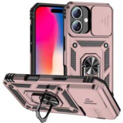 iPhone 16 6.1 inch Well Protective Magentic Ring Stand Camera Protective Cover Case - Rose Gold