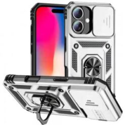 iPhone 16 6.1 inch Well Protective Magentic Ring Stand Camera Protective Cover Case - Silver