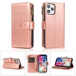 iP15 Pro Max Luxury Wallet Card ID Zipper Money Holder Case Cover - Rose Gold