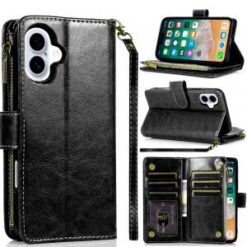 iPhone 16 Plus 6.7 inch Luxury Wallet Card ID Zipper Money Holder Case Cover - Black