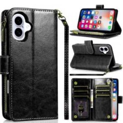 iPhone 16 6.1 inch Luxury Wallet Card ID Zipper Money Holder Case Cover - Black