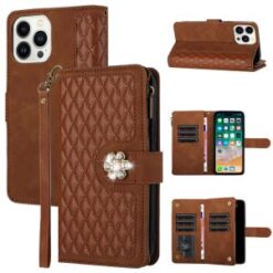 iPhone 15 Pro Jewel Wallet Design with Stitched PU Leather ID Card Money Holder Zipper Case - Br