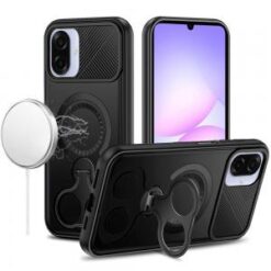 For For Samsung Galaxy A07 Transparent HQ Hybrid with Metallic Camera Stand Magnetic Ring Case - Bla