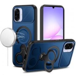 For For Samsung Galaxy A07 Transparent HQ Hybrid with Metallic Camera Stand Magnetic Ring Case - Dar