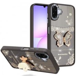 For Samsung Galaxy A07 Splendid Glitter Butterfly Design Stand with Metallic Edges Hybrid Case - Bla
