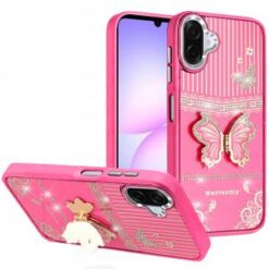 For Samsung Galaxy A07 Splendid Glitter Butterfly Design Stand with Metallic Edges Hybrid Case - Hot