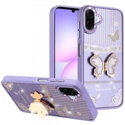 For Samsung Galaxy A07 Splendid Glitter Butterfly Design Stand with Metallic Edges Hybrid Case - Dar