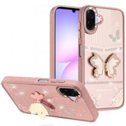For Samsung Galaxy A07 Splendid Glitter Butterfly Design Stand with Metallic Edges Hybrid Case - Ros